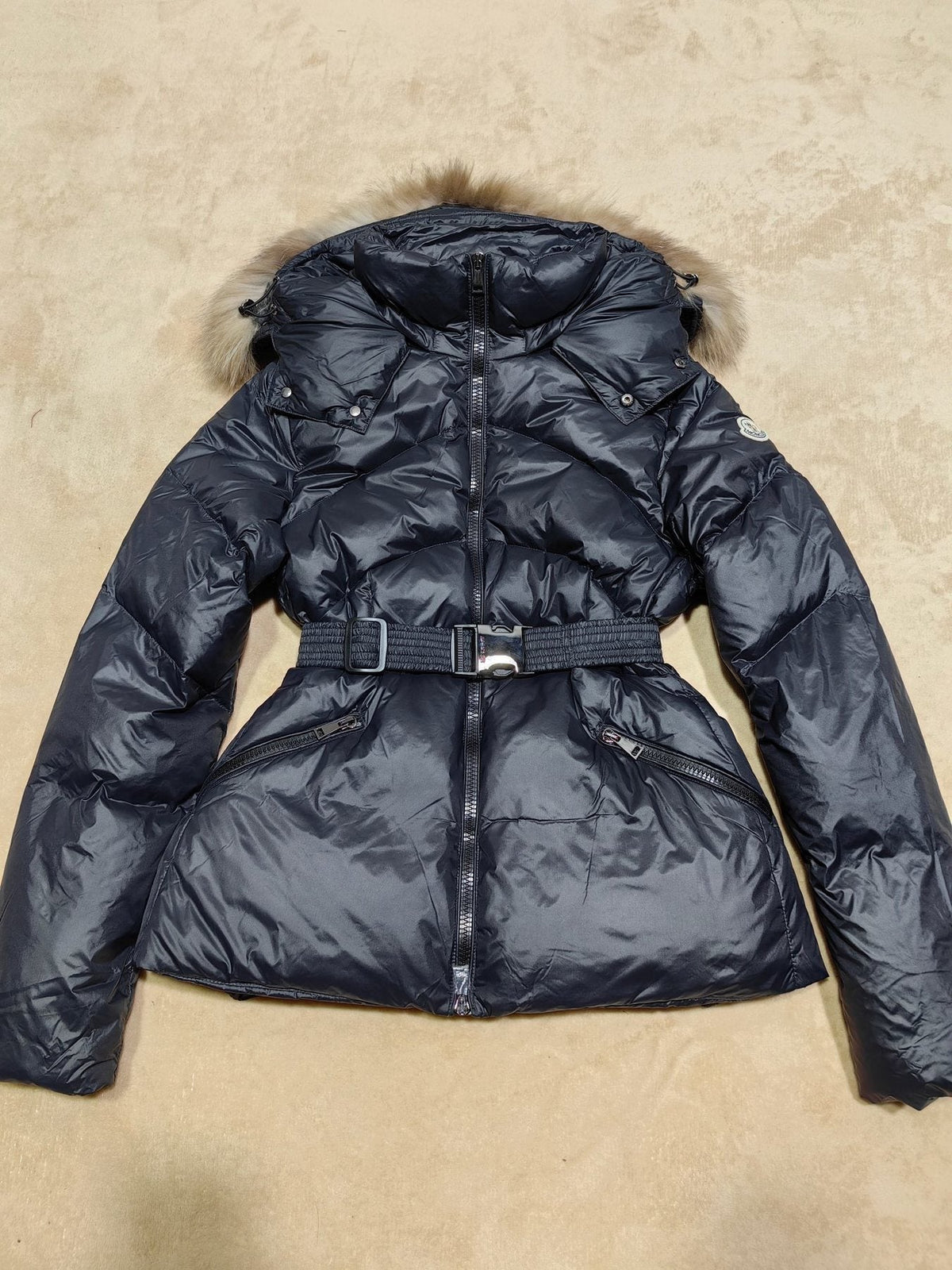 Moncler Women's Fur-Trim Hood Belted Short Down Coat — front
