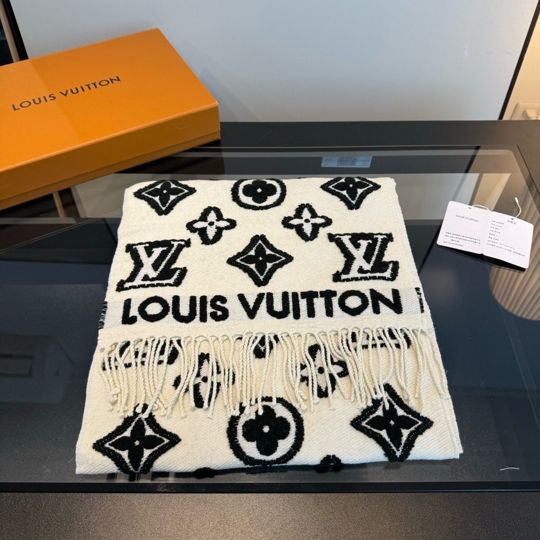 Louis Vuitton White and Black Graphic Scarf — front