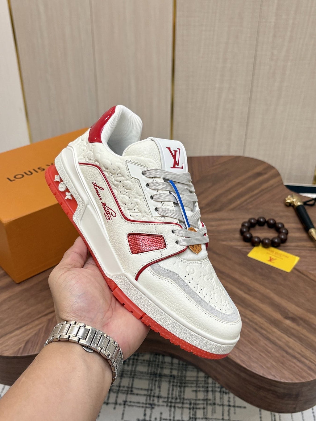 Louis Vuitton Red and Blue Accent Sneakers — model