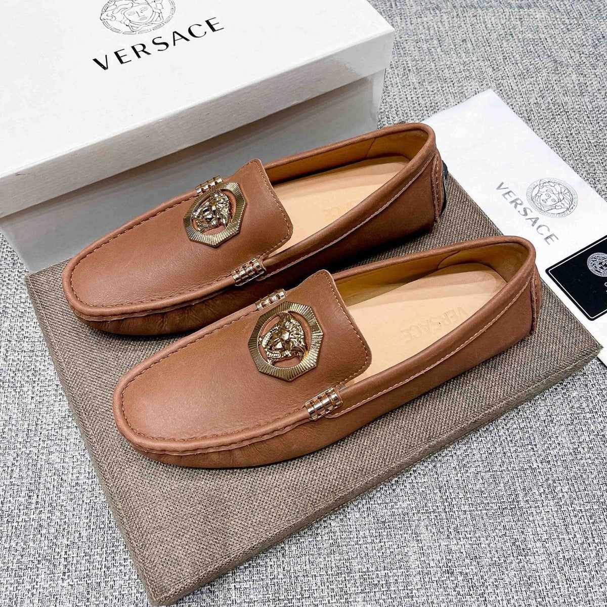 Versace Tan Brown Leather Driving Loafers — front
