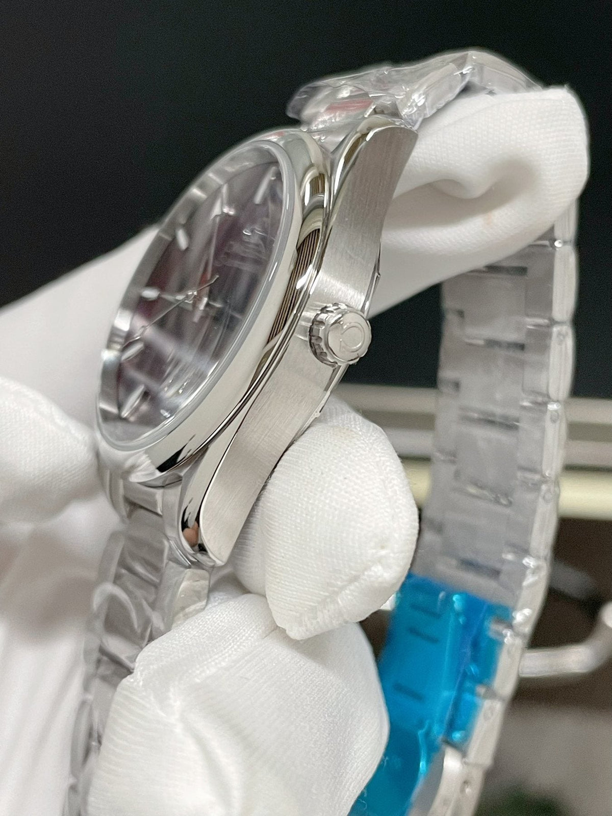OMEGA Purple Dial Link Bracelet Watch — side