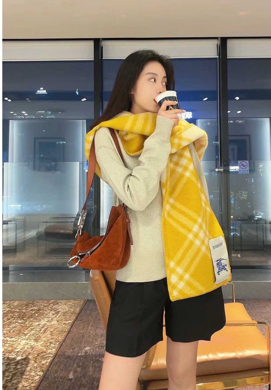 Burberry Yellow Plaid Fringe Scarf — model