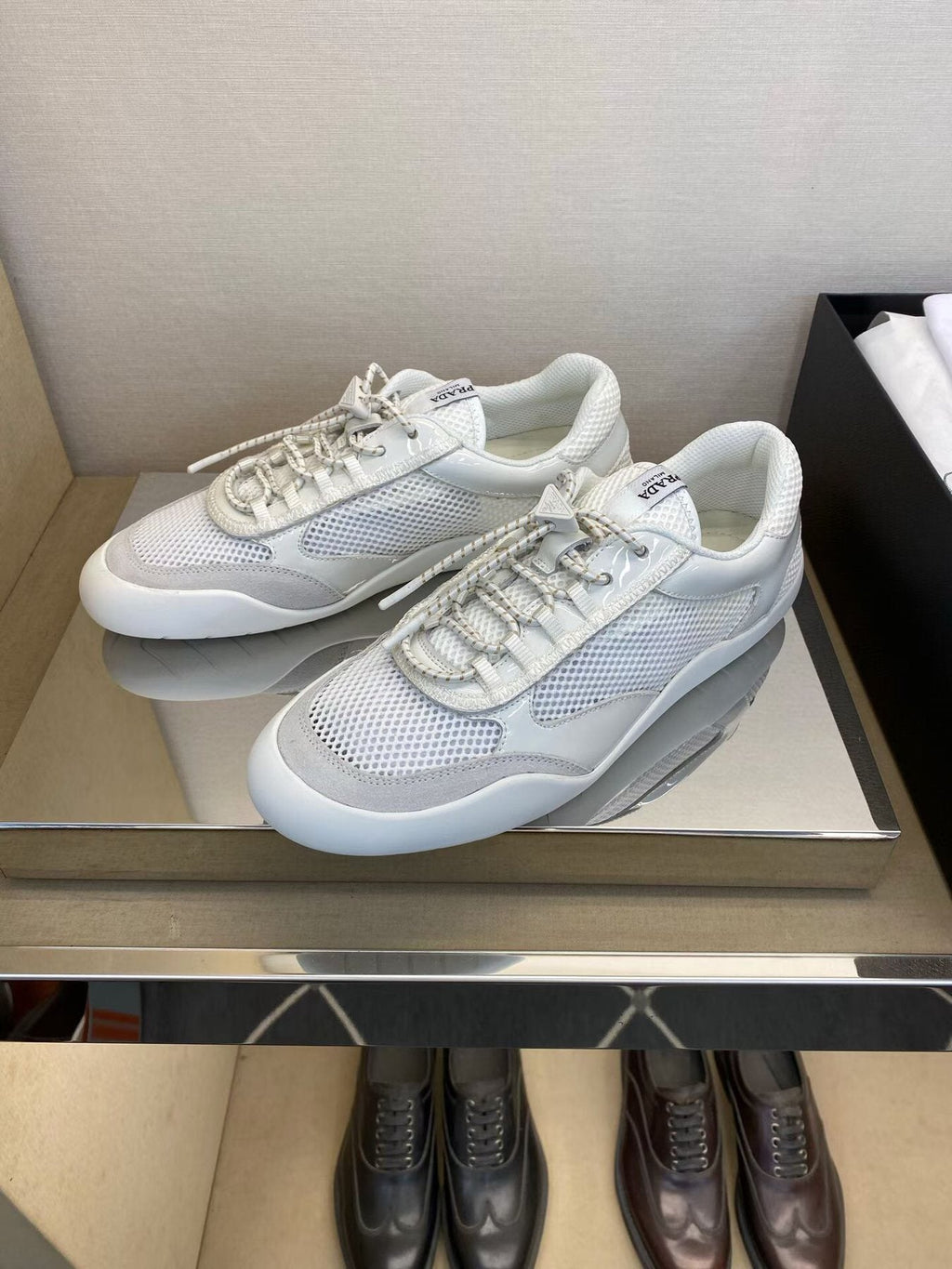 Prada White Mesh Panel Sneakers — side