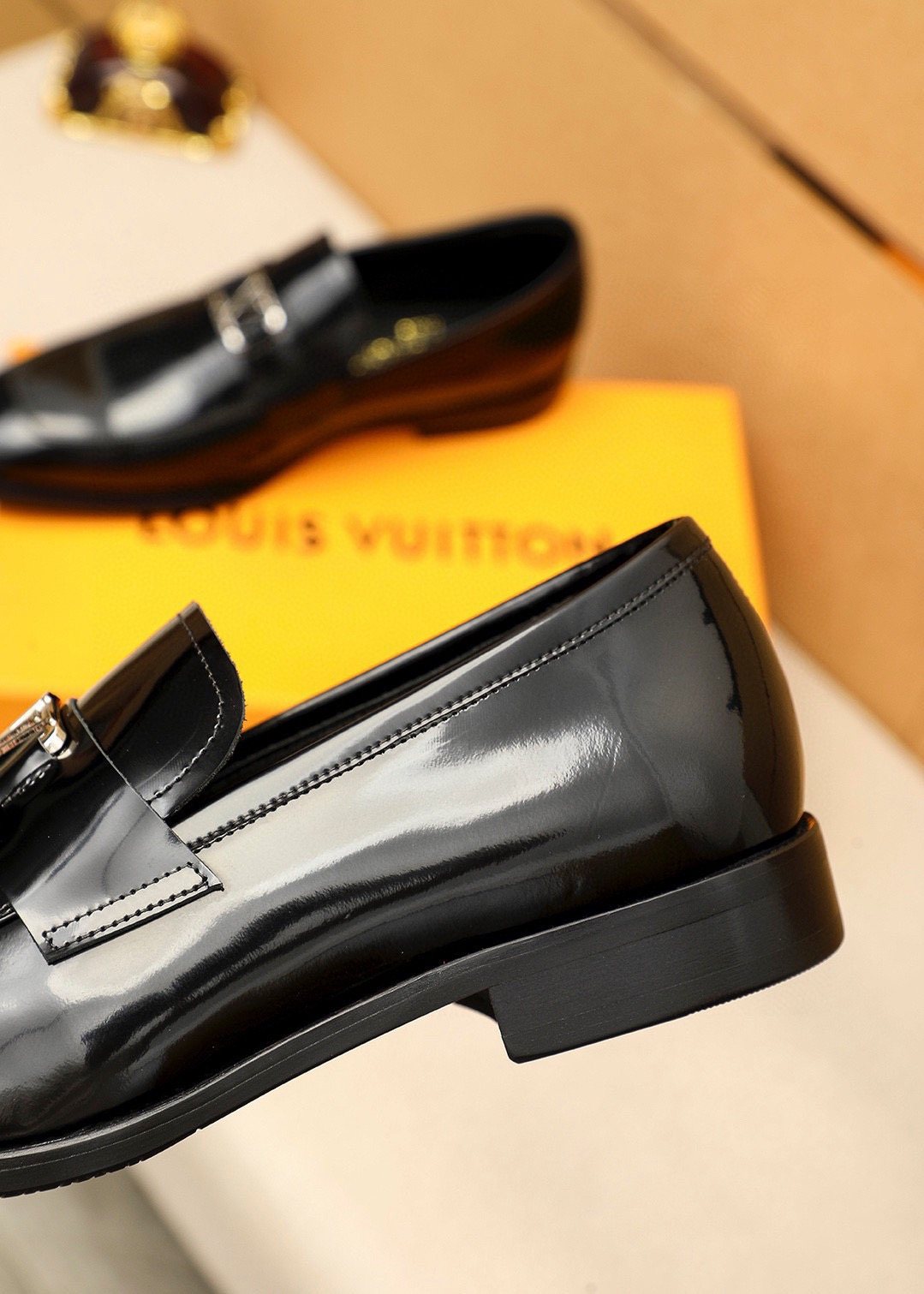 Louis Vuitton Glossy Black Leather Loafers — detail