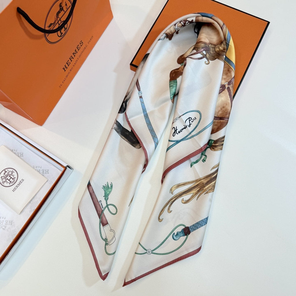 Hermès Cream Equestrian Silk Square Scarf — detail
