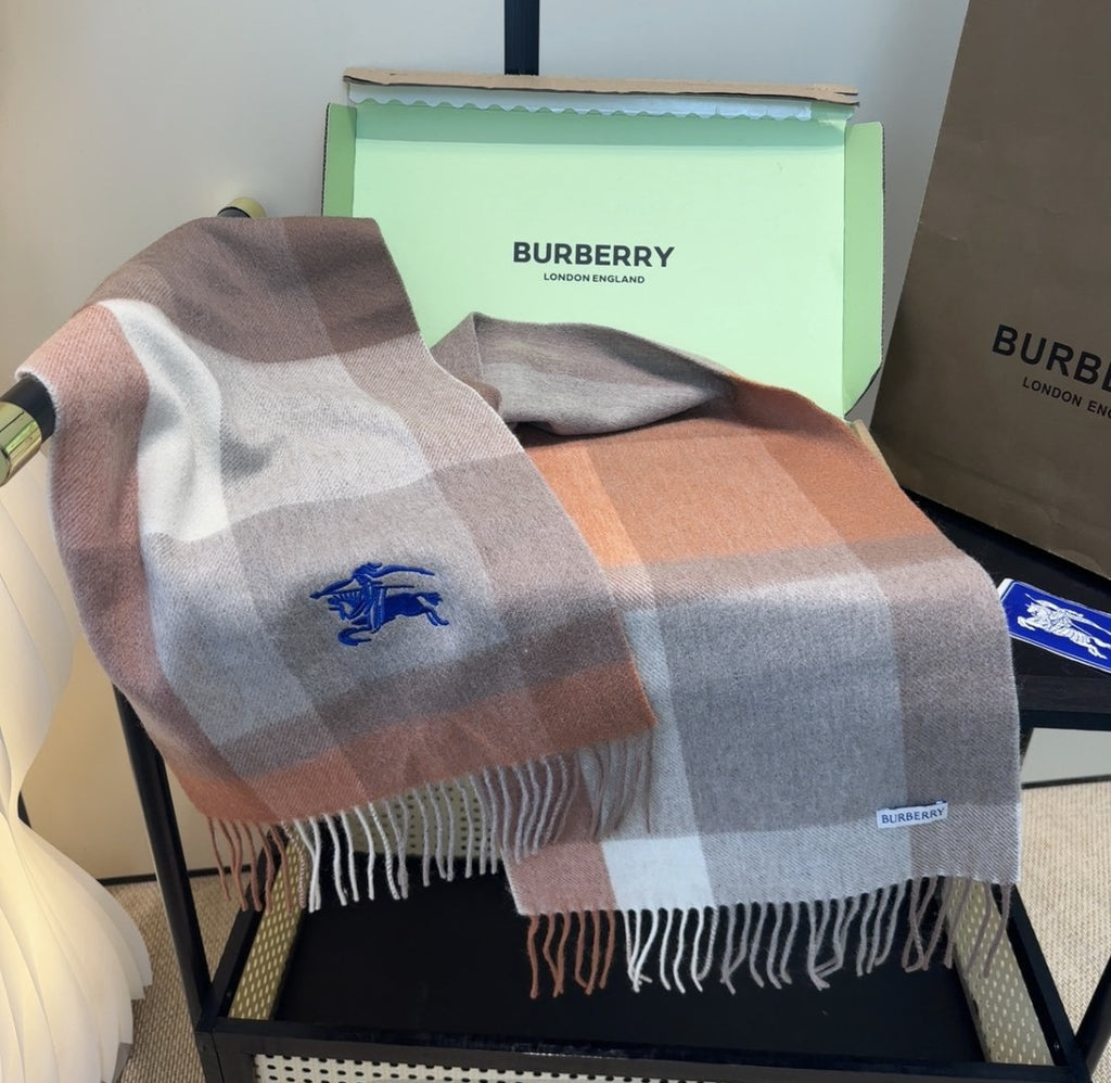 Burberry Taupe Plaid Fringed Scarf — side