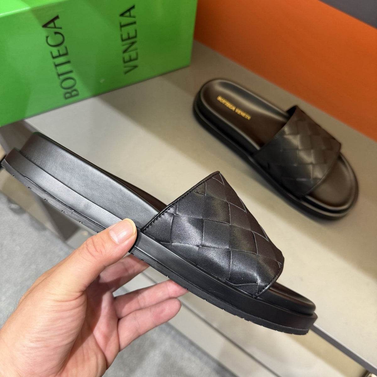 Bottega Veneta Woven Strap Slide Sandals — model