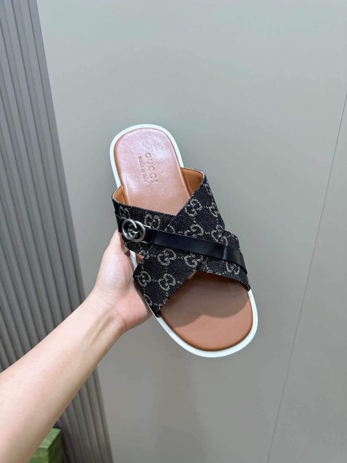 Gucci Crossed Strap Slide Sandals — model