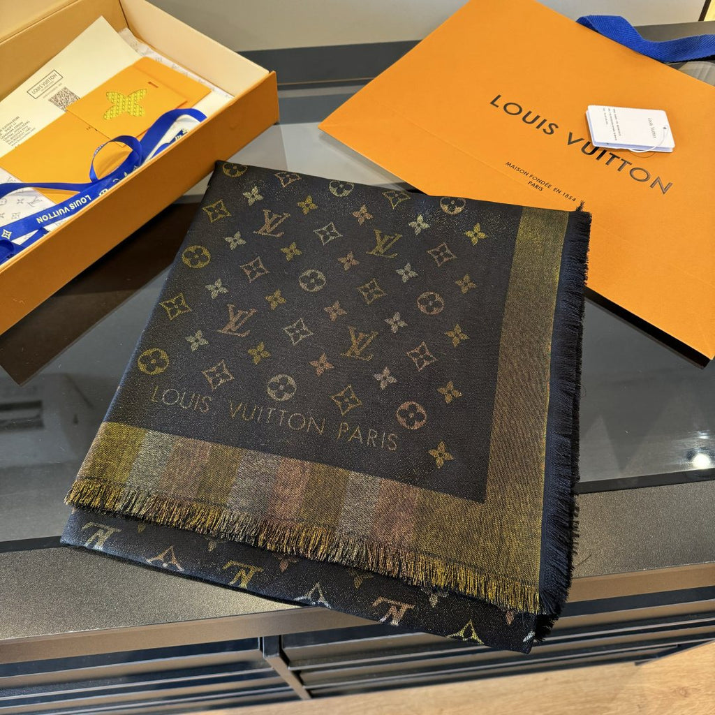 Louis Vuitton Charcoal Gold Monogram Fringed Shawl — hero