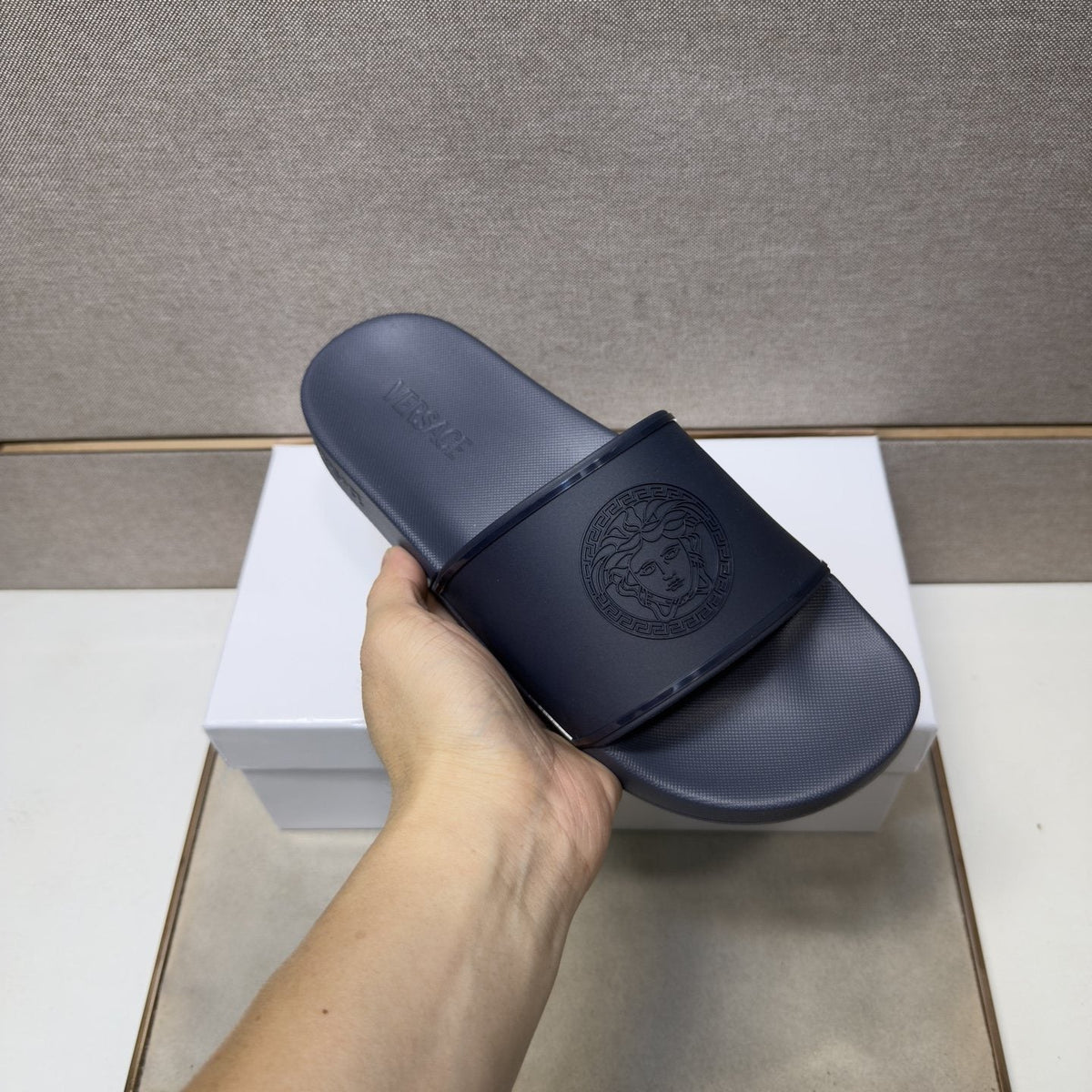 Versace Embossed Strap Slide Sandals — model