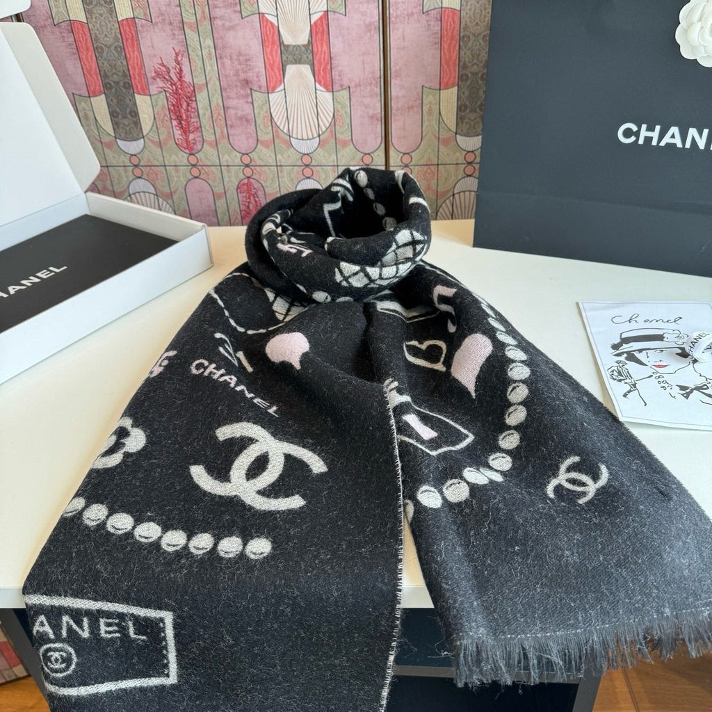 Chanel Pearl Motif Fringe Scarf — front