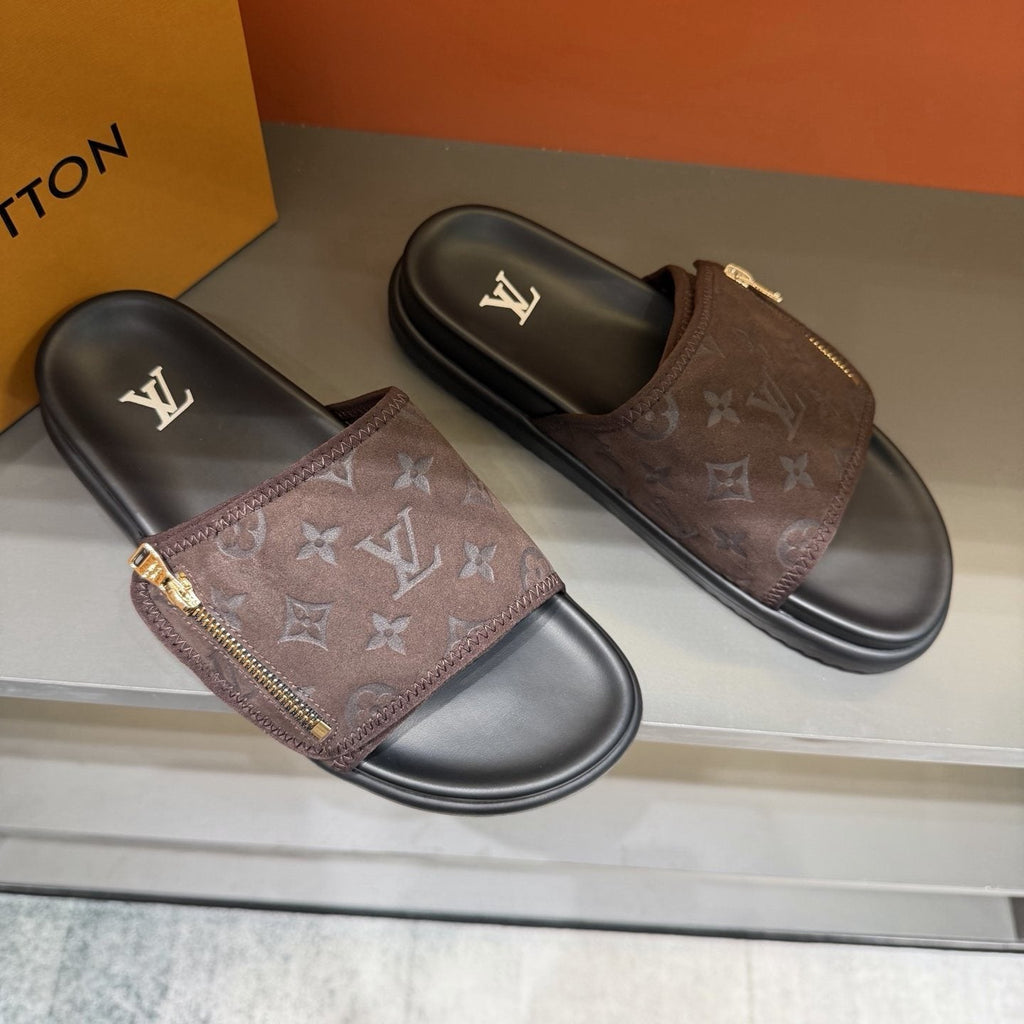 Louis Vuitton Monogram Zip Slide Sandals — front